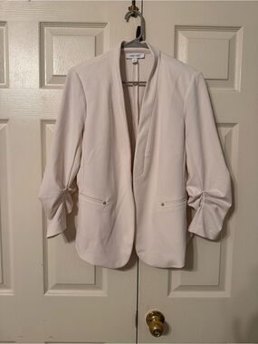 Nine West Light Cream Open-Front Ruched-Sleeve Blazer